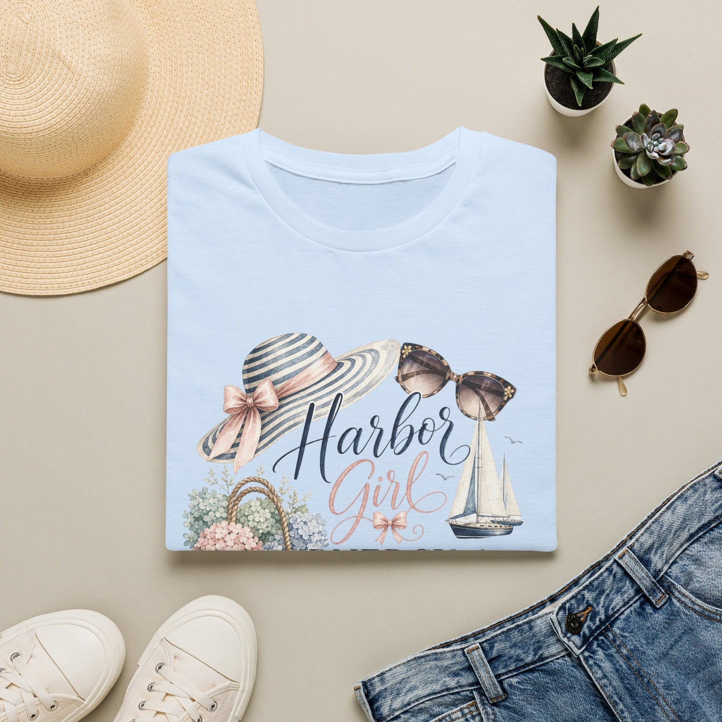 Harbor Girl illustration T-Shirt | Nautical hat, sailboat, seashells