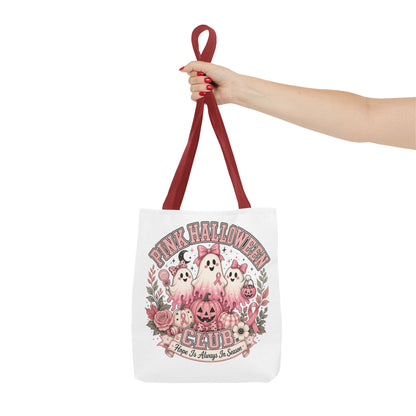 Breast Cancer Awareness Pink Halloween Club ghost trio tote bag | spooky floral pumpkin design