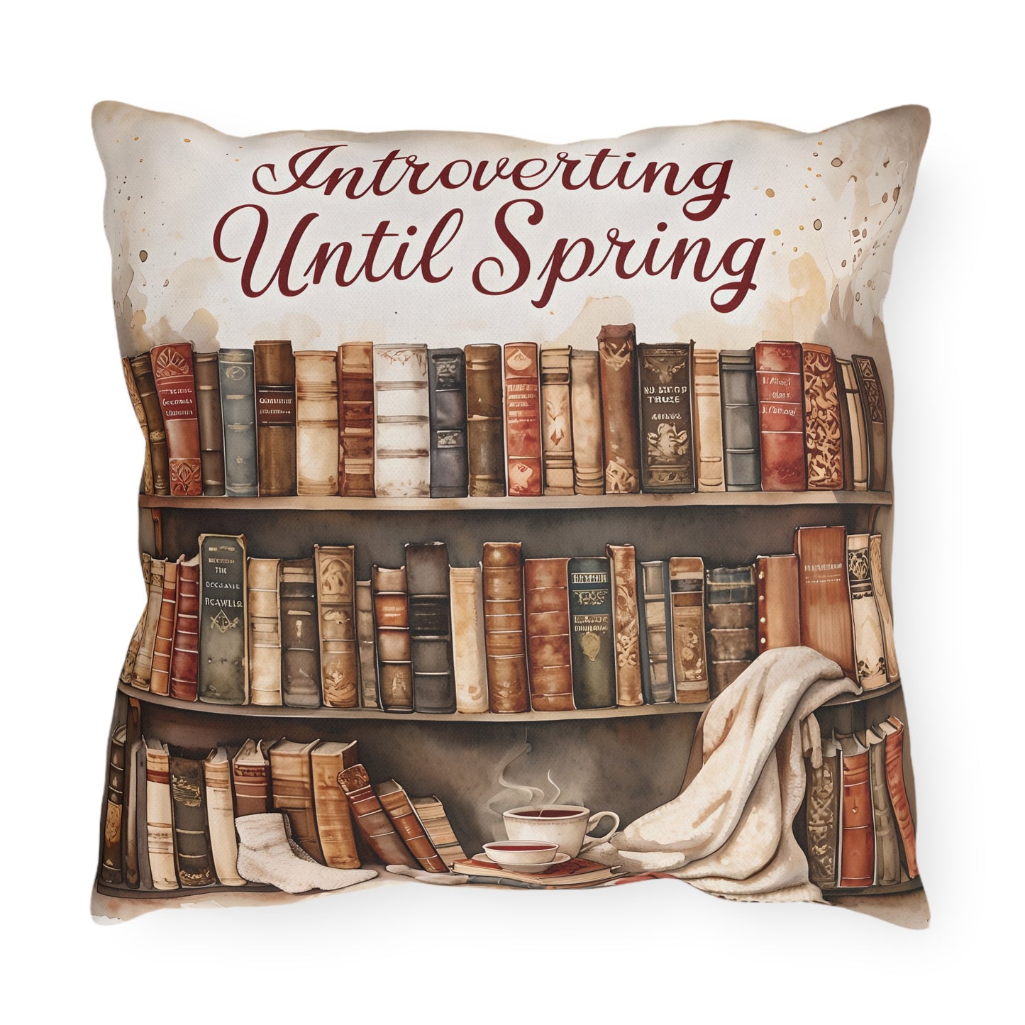 Introverting Until Spring Outdoor Pillow | Bookish Library Design, Cozy Reading Decor