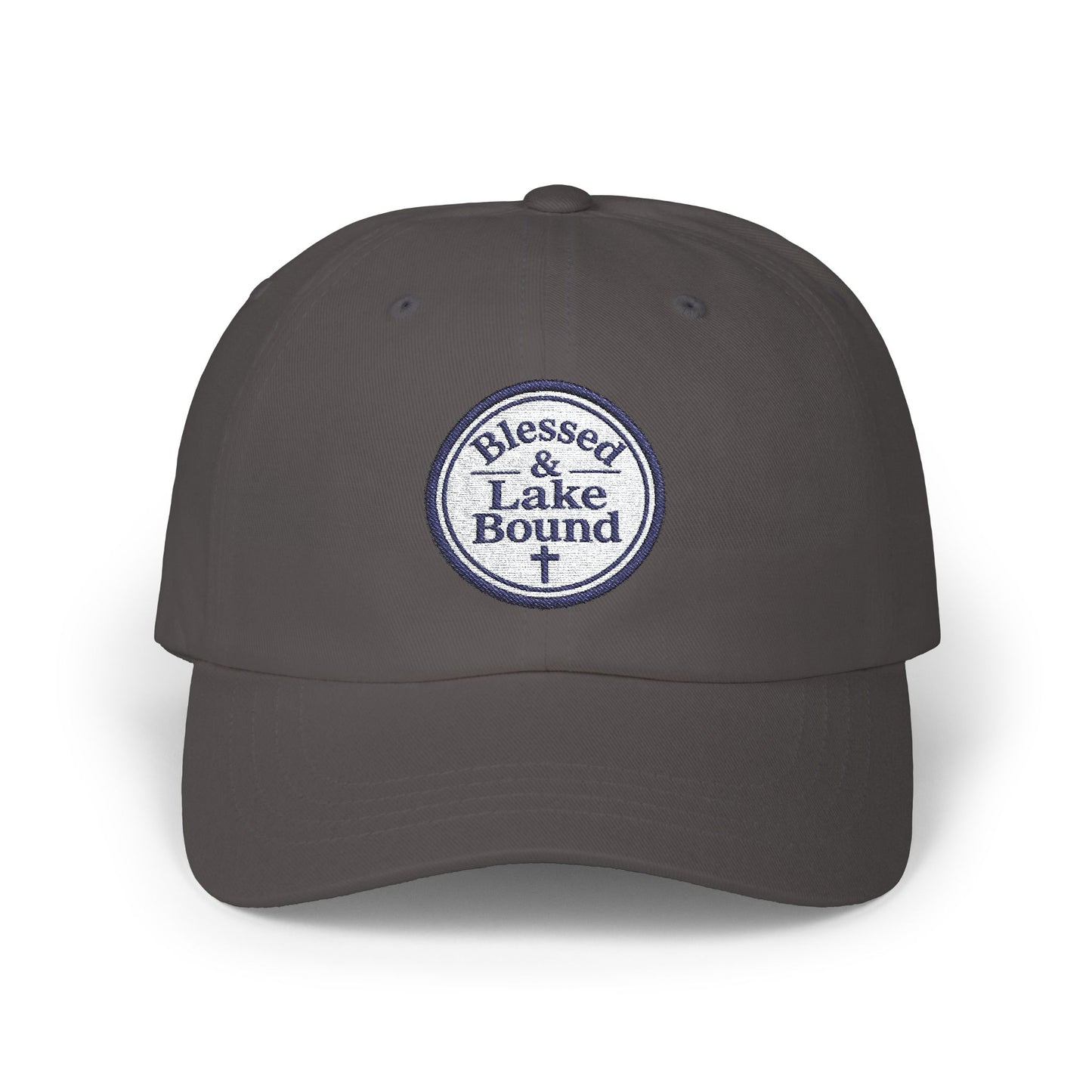 Blessed & Lake Bound Dad Cap | Embroidered Circle Logo, White Baseball Hat