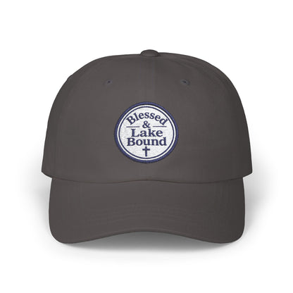 Blessed & Lake Bound Dad Cap | Embroidered Circle Logo, White Baseball Hat