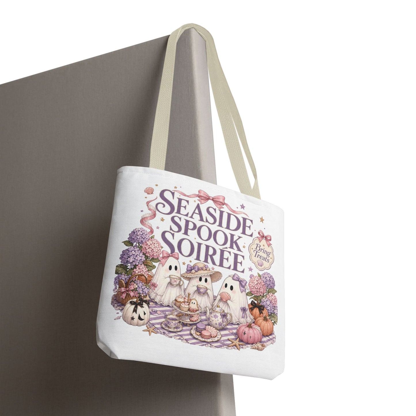 Seaside Spook Soiree Tote Bag | Halloween Ghost Picnic Illustration