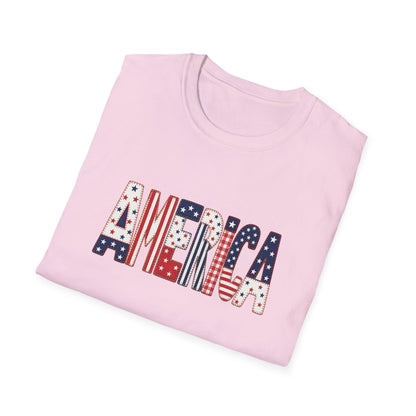 American Flag Patchwork Style Letters T-Shirt | Patriotic Fourth of July Tee