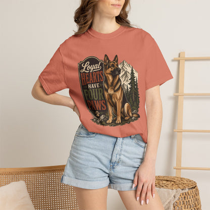 Loyal Hearts Have Four Paws German Shepherd T-shirt | Mountain Forest Dog Design