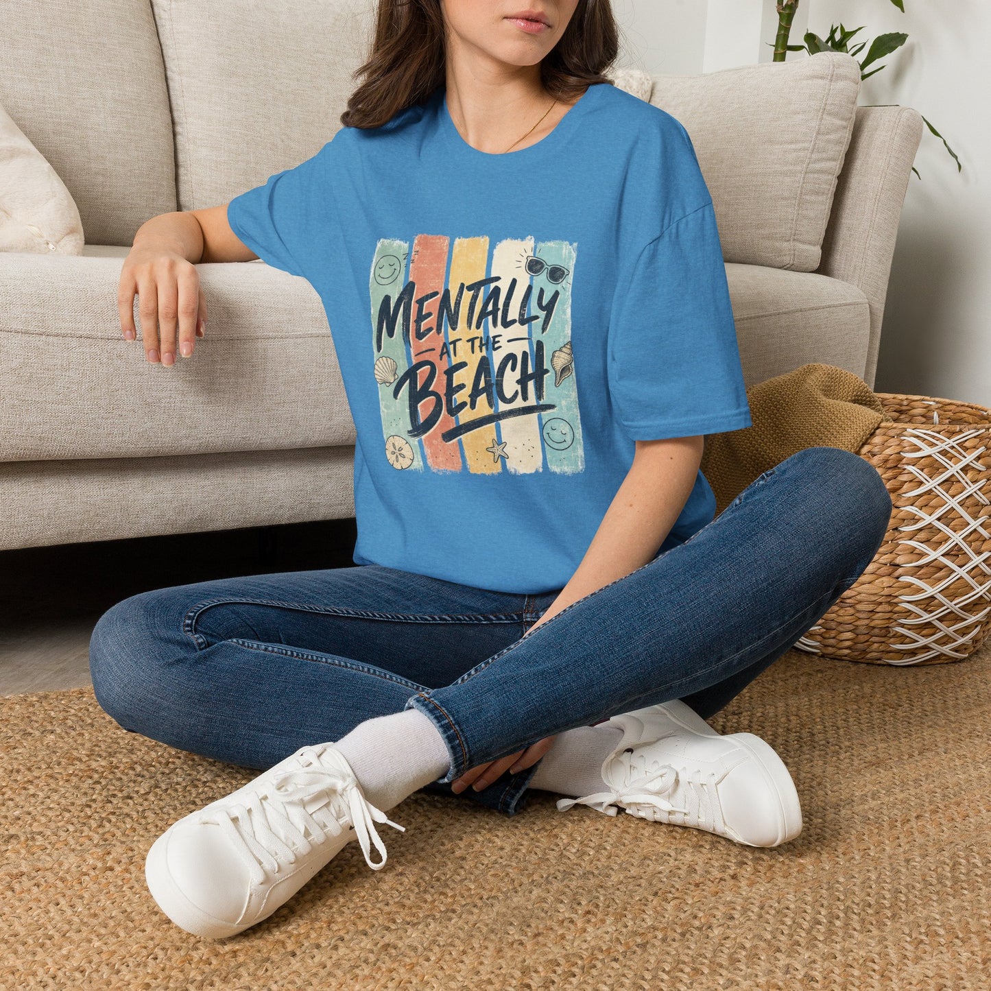 Mentally at the Beach T-Shirt | Retro Stripes, Sunglasses & Seashells