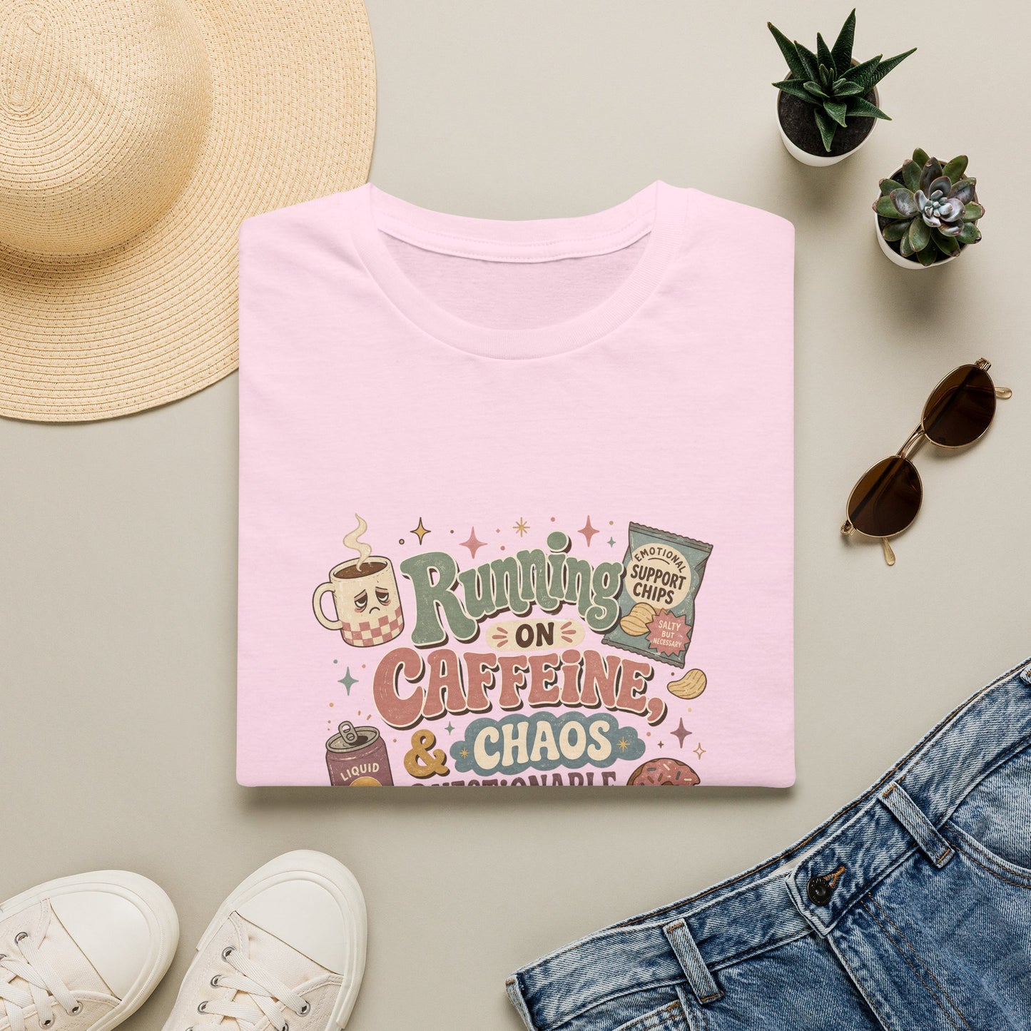 Running on Caffeine & Chaos T-Shirt | Coffee Mug Donut Illustration