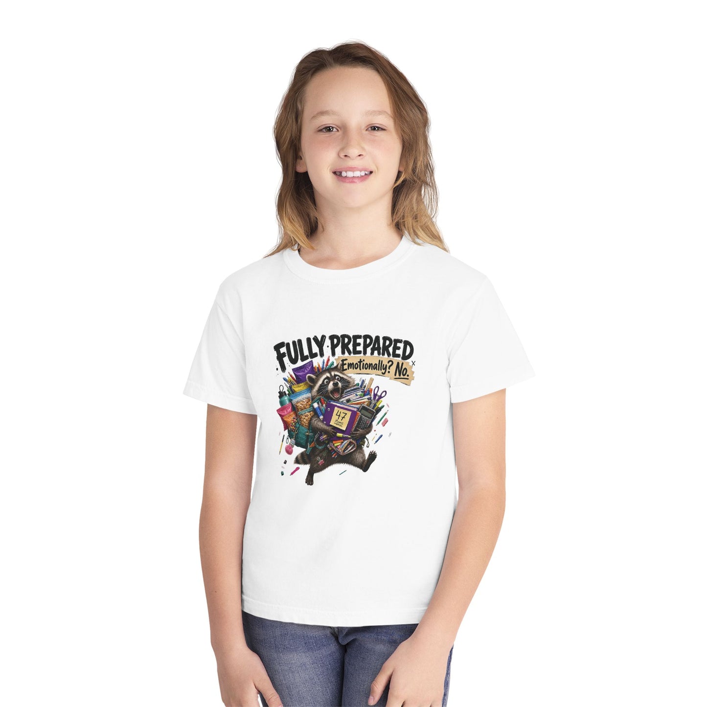 Fully Prepared Raccoon Supplies T-Shirt | Funny Back-to-School Kids Tee