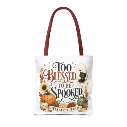 Too Blessed to Be Spooked Tote Bag | Halloween Pumpkin Ghost Fall Leaves