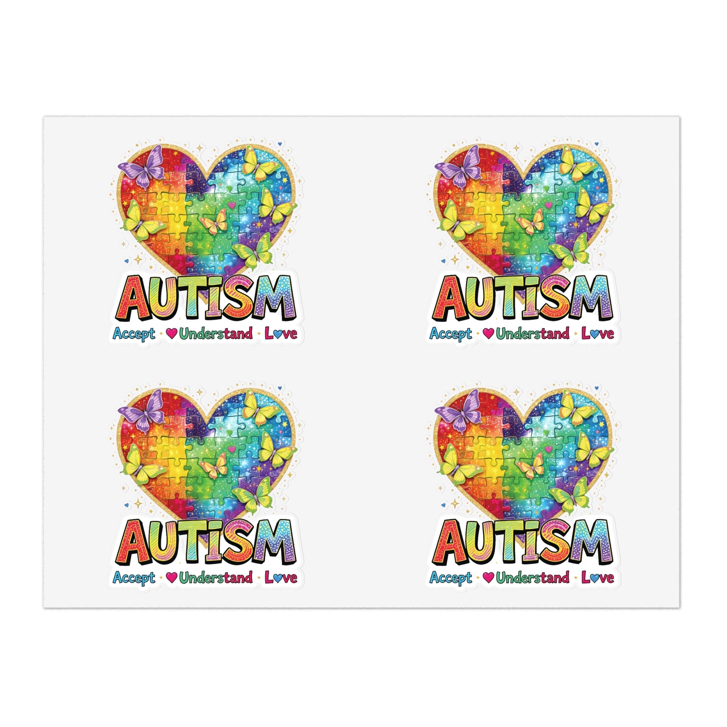 Autism Puzzle Heart Sticker Sheet | Accept Understand Love, Rainbow Awareness