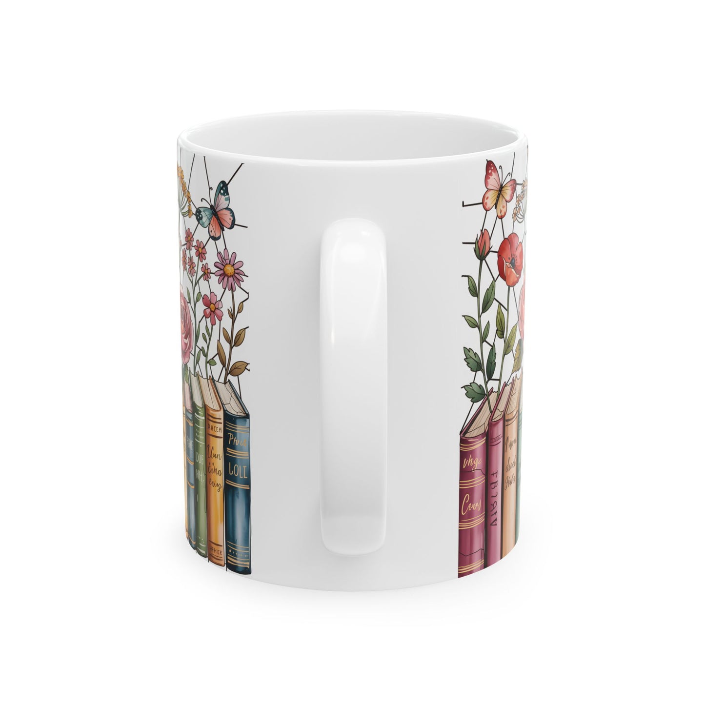 Floral Bookshelf Illustration Mug | Ceramic Book Lover Coffee Cup Stained Glass Effect