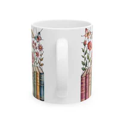 Floral Bookshelf Illustration Mug | Ceramic Book Lover Coffee Cup Stained Glass Effect