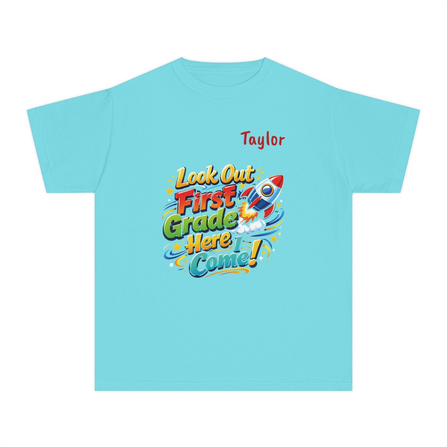 First Grade Here I Come Youth Tee | Rocket Back to School Shirt