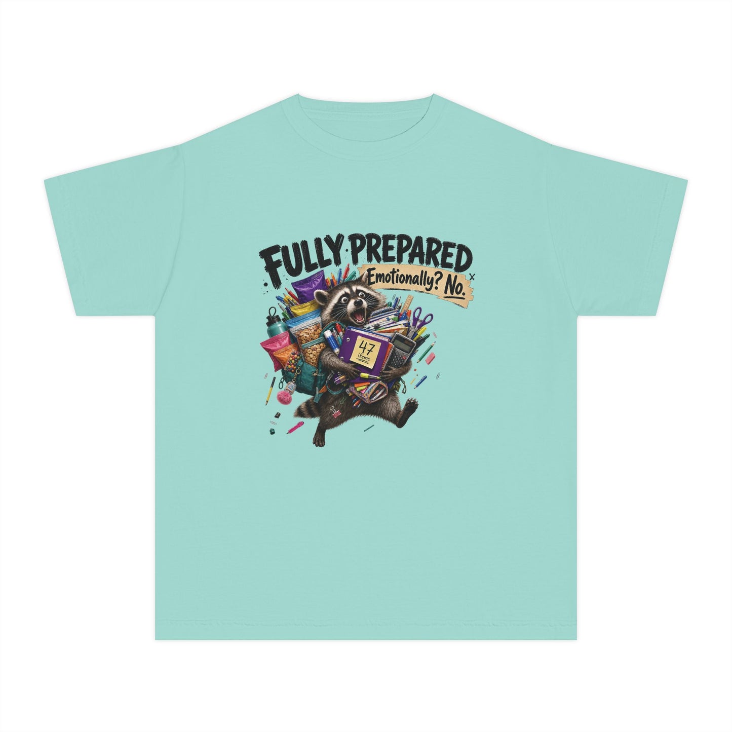 Fully Prepared Raccoon Supplies T-Shirt | Funny Back-to-School Kids Tee