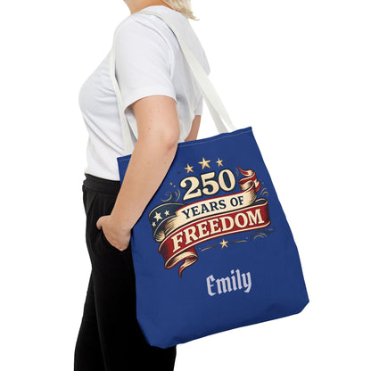 250 Years of Freedom Tote Bag | Patriotic Flag Ribbon Design