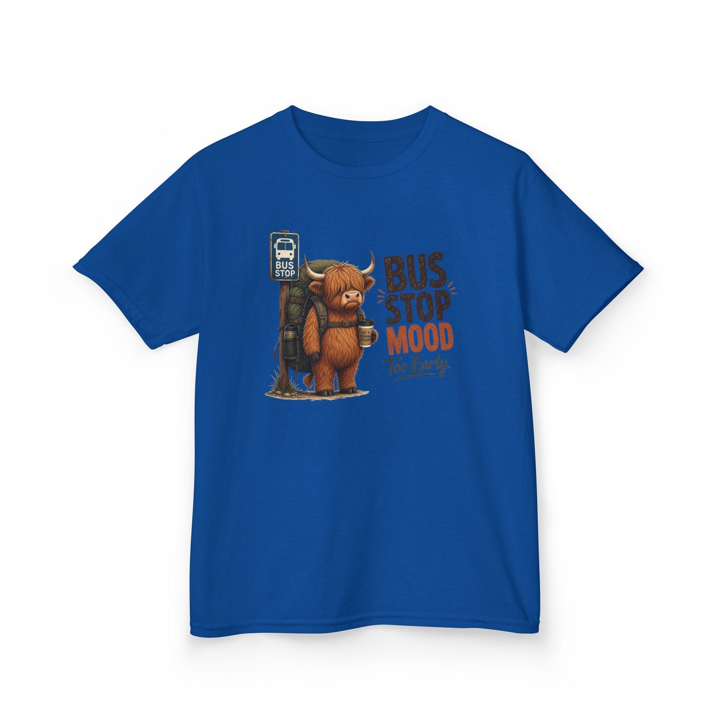 Bus Stop Mood Kids Tee | Grumpy Highland Cow Illustration, Funny Morning Shirt