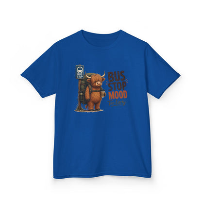 Bus Stop Mood Kids Tee | Grumpy Highland Cow Illustration, Funny Morning Shirt