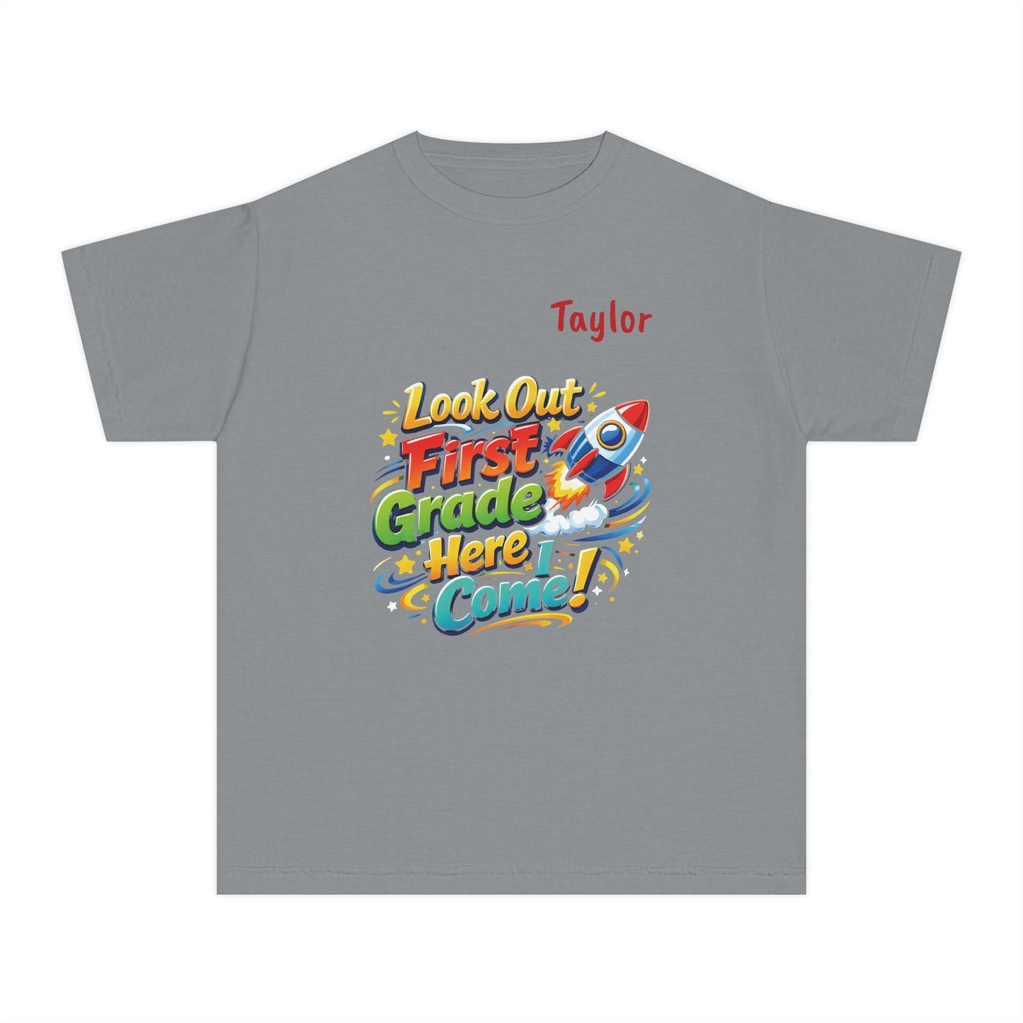 First Grade Here I Come Youth Tee | Rocket Back to School Shirt