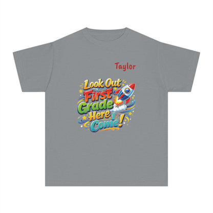 First Grade Here I Come Youth Tee | Rocket Back to School Shirt