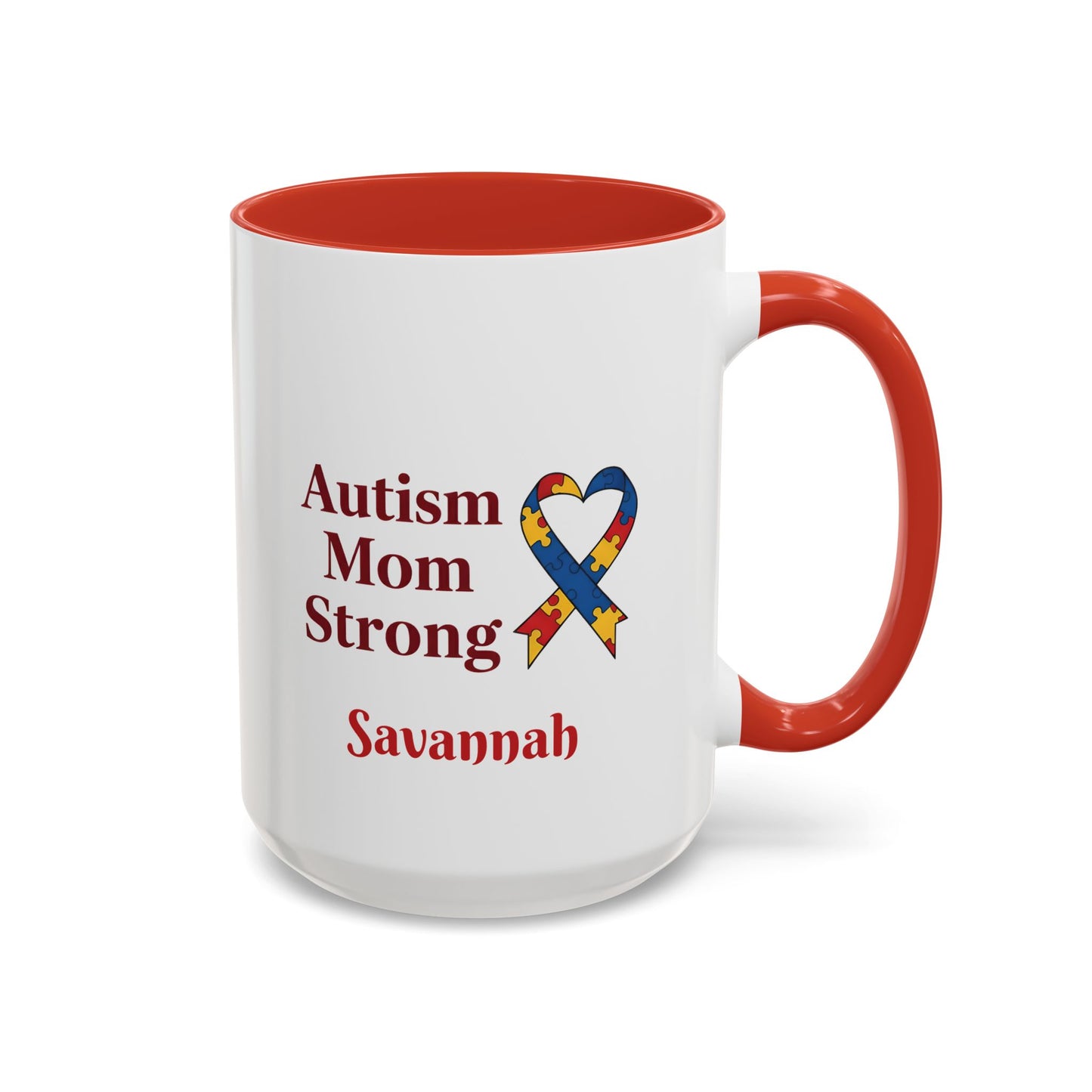 Autism Mom Strong mug | Accent Coffee Mug with Puzzle Ribbon