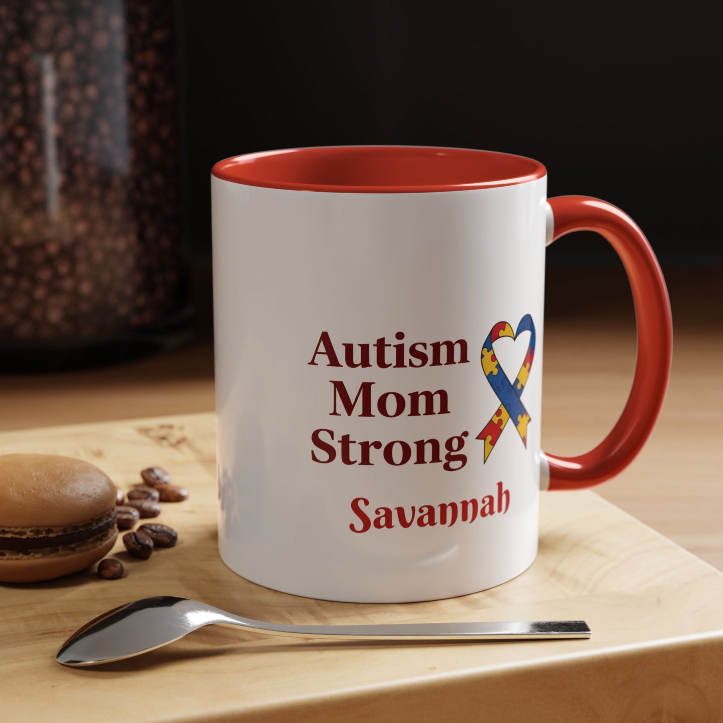 Autism Mom Strong mug | Accent Coffee Mug with Puzzle Ribbon