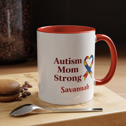 Autism Mom Strong mug | Accent Coffee Mug with Puzzle Ribbon