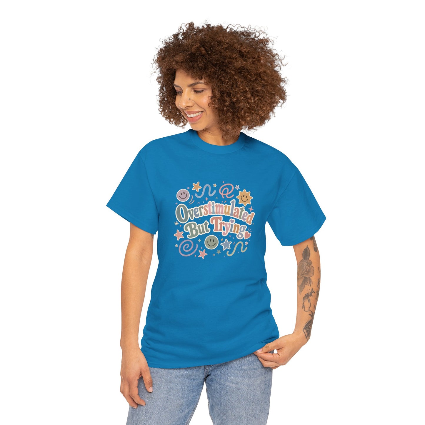Overstimulated But Trying tee | Funny Mental Health Shirt, Cute Retro Doodles