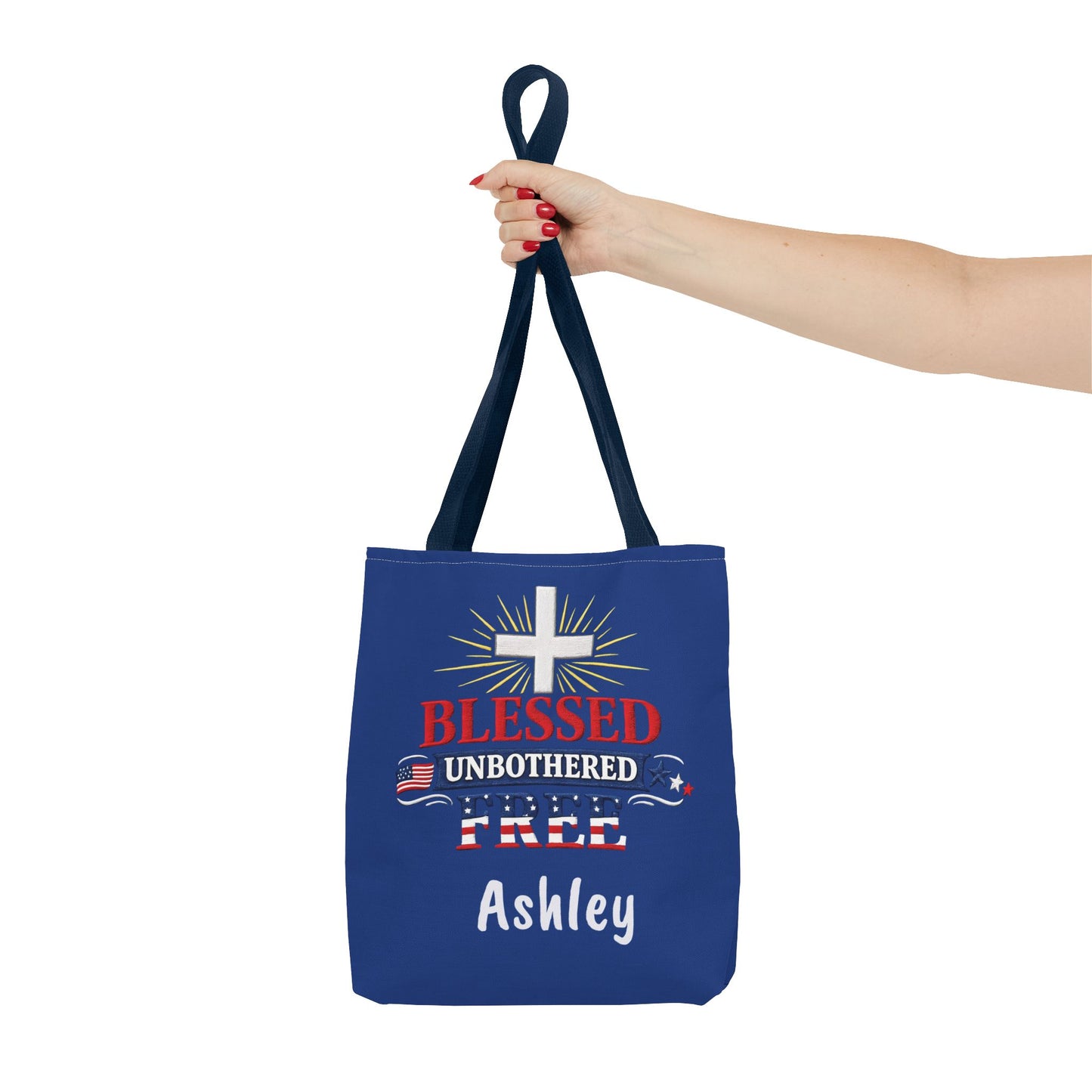 Blessed Unbothered Free Cross tote bag | patriotic faith design