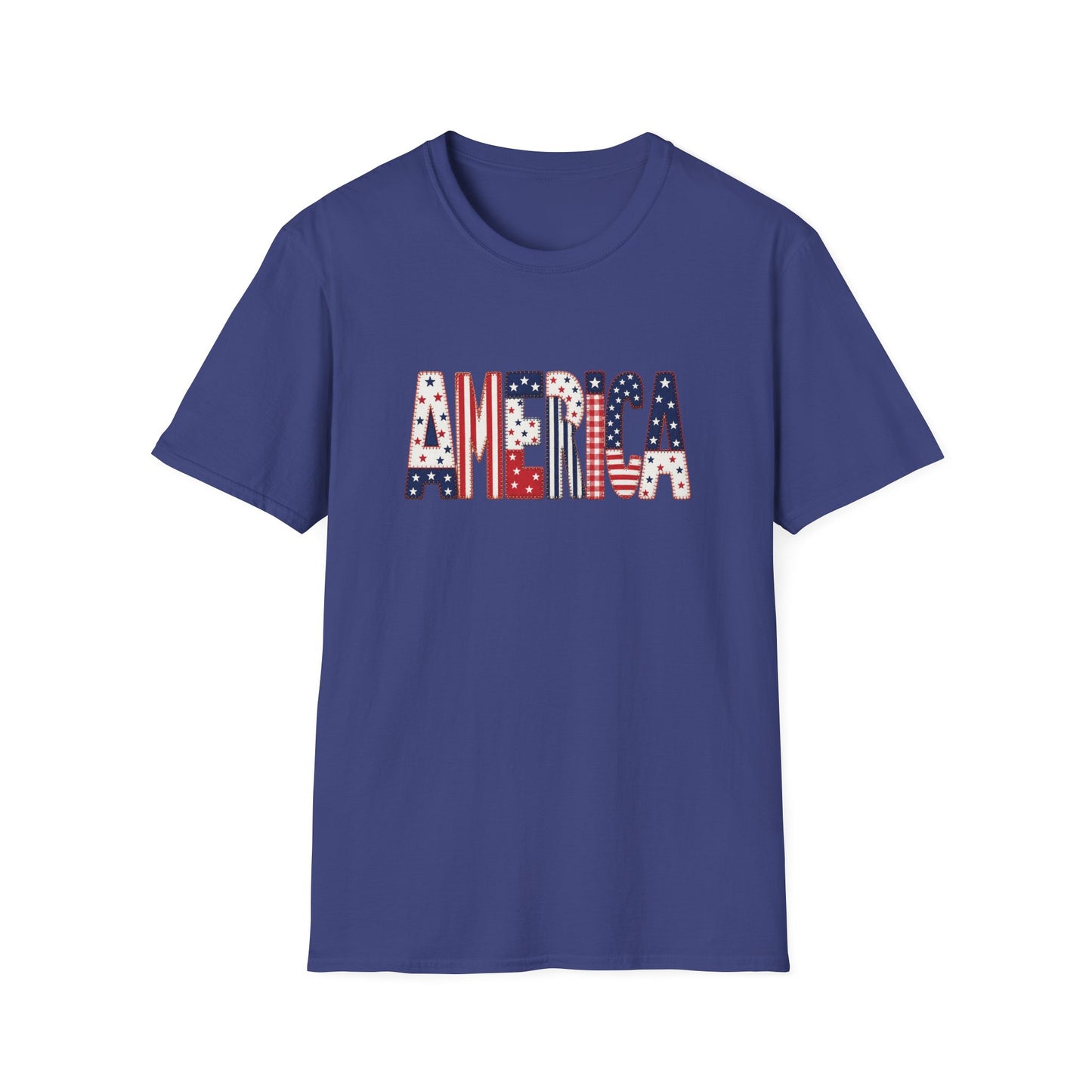 American Flag Patchwork Style Letters T-Shirt | Patriotic Fourth of July Tee