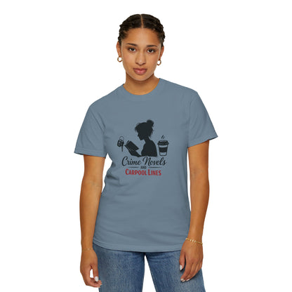 Crime Novels and Carpool Lines T-shirt | Reading Mom Silhouette, Coffee Graphic
