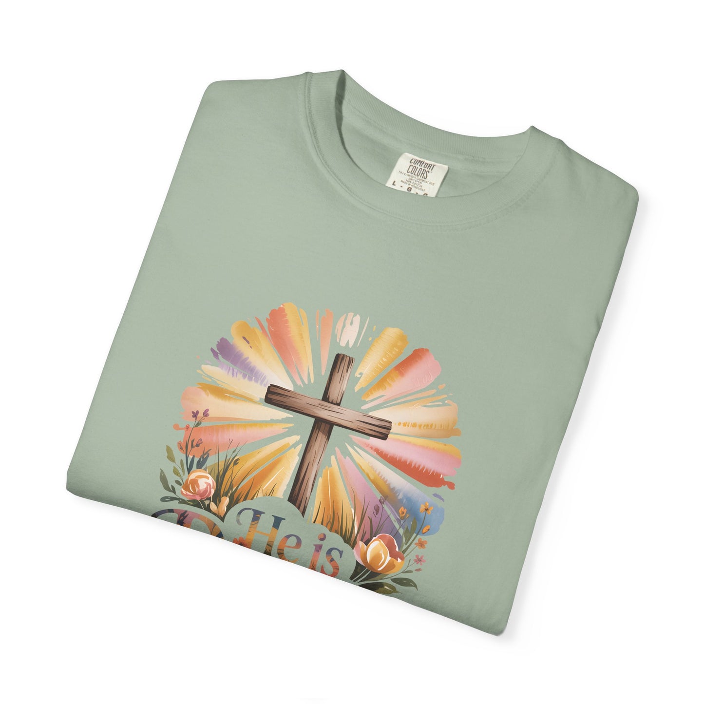 He Is Risen cross sunrise design T-Shirt | Easter faith floral