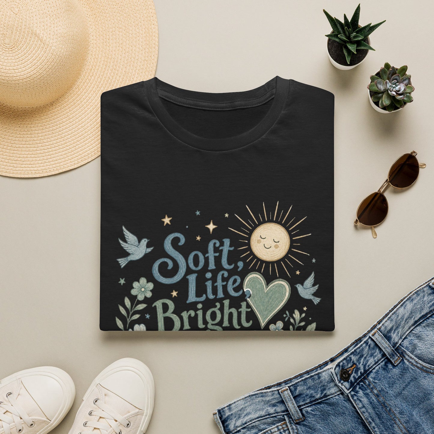 Soft Life Bright Heart T-Shirt | sun, doves, floral graphic