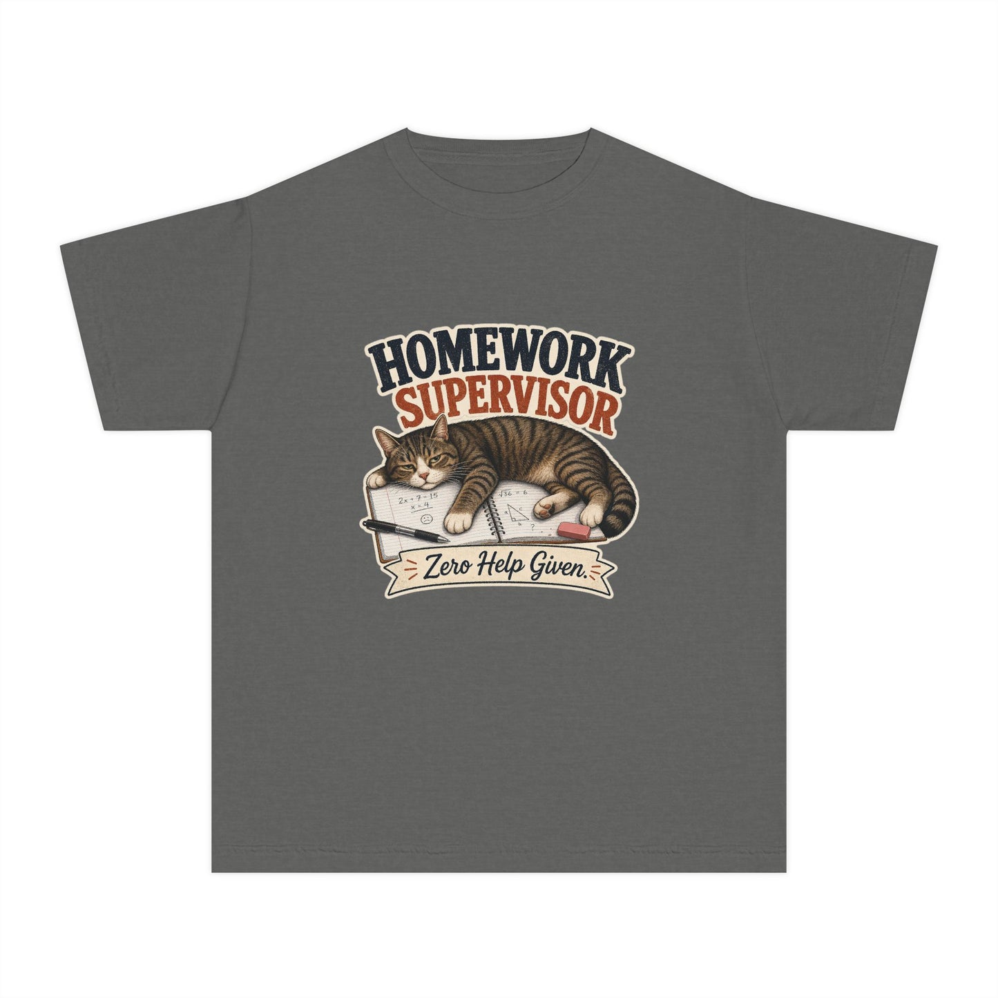 Homework Supervisor Cat Youth Tee | "Zero Help Given" retro kitten design