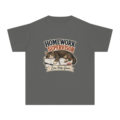 Homework Supervisor Cat Youth Tee | "Zero Help Given" retro kitten design
