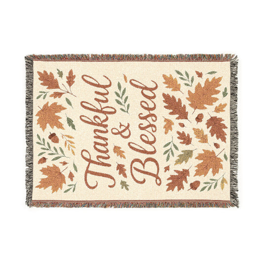 Cozy Woven Blanket, Thankful & Blessed Throw, Autumn Home Decor, Gift for Thanksgiving, Boho Style Blanket, Cozy Living Room Accessory