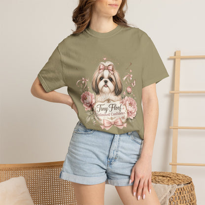 Shih Tzu Floral Portrait T-Shirt | Tiny Floof Illustration, Pink Roses