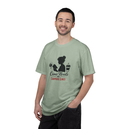 Crime Novels and Carpool Lines T-shirt | Reading Mom Silhouette, Coffee Graphic