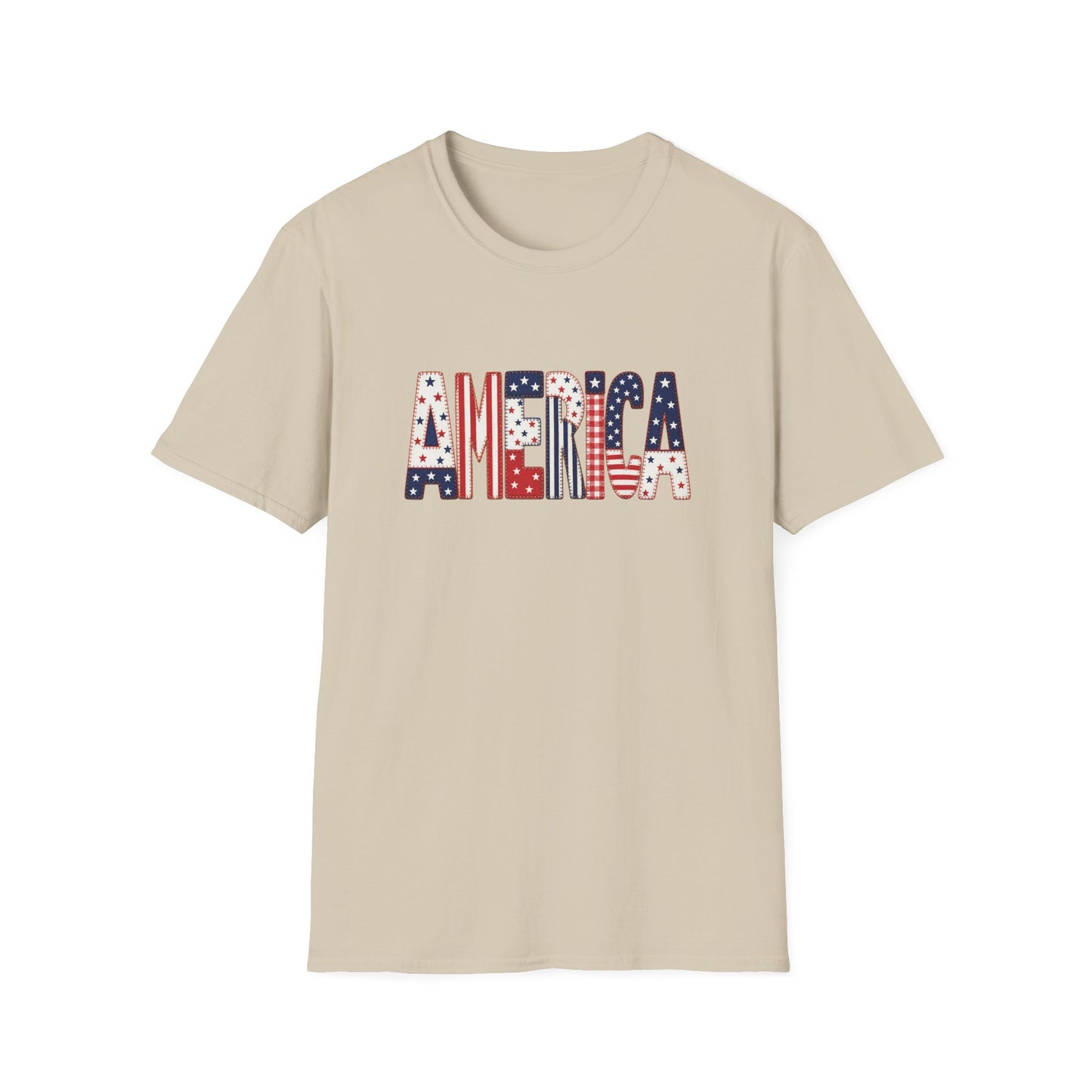 American Flag Patchwork Style Letters T-Shirt | Patriotic Fourth of July Tee