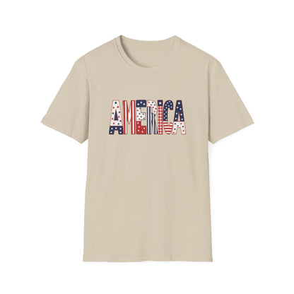 American Flag Patchwork Style Letters T-Shirt | Patriotic Fourth of July Tee