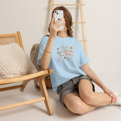 Overstimulated But Trying tee | Funny Mental Health Shirt, Cute Retro Doodles