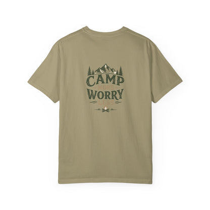 Camp More Worry Less T-shirt | Camping Mountains Pine Trees Design