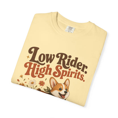 Low Rider High Spirits Corgi T-Shirt | Running Corgi Illustration, Autumn Leaves
