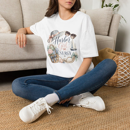 Harbor Girl illustration T-Shirt | Nautical hat, sailboat, seashells