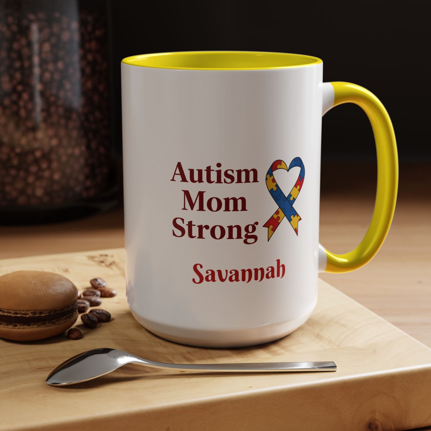 Autism Mom Strong mug | Accent Coffee Mug with Puzzle Ribbon