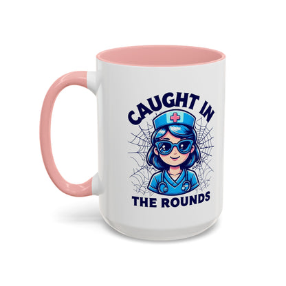 Nurse Coffee Mug, Cute Nursing Gift, Healthcare Appreciation, Fun Spider Design, Caught in the Rounds Mug