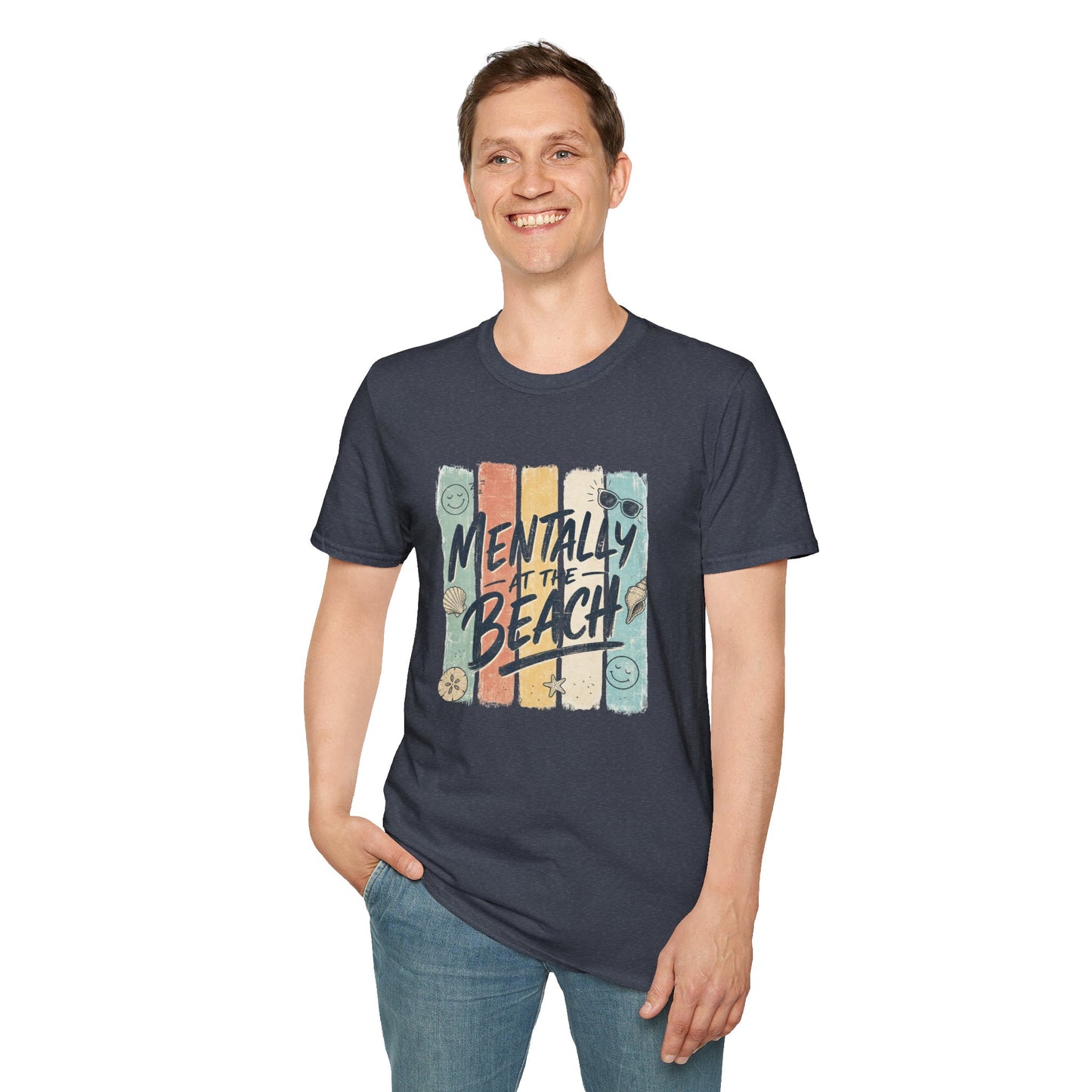 Mentally at the Beach T-Shirt | Retro Stripes, Sunglasses & Seashells