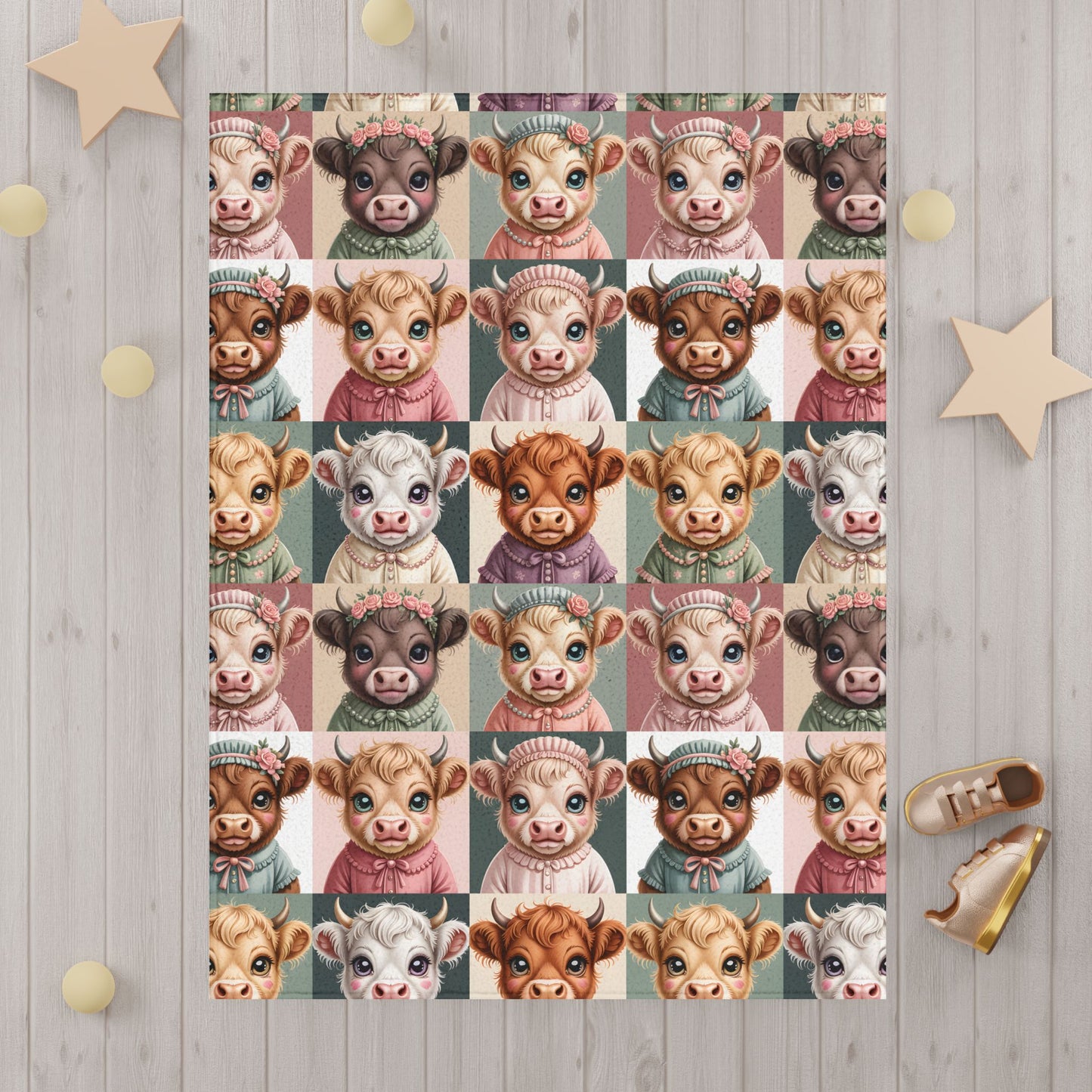 Cute Baby Highland Cow Faces Toddler Blanket | Patchwork Baby Highland Cow Coquette Portraits