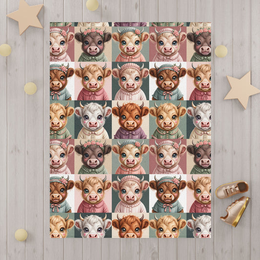 Cute Baby Highland Cow Faces Toddler Blanket | Patchwork Baby Highland Cow Coquette Portraits