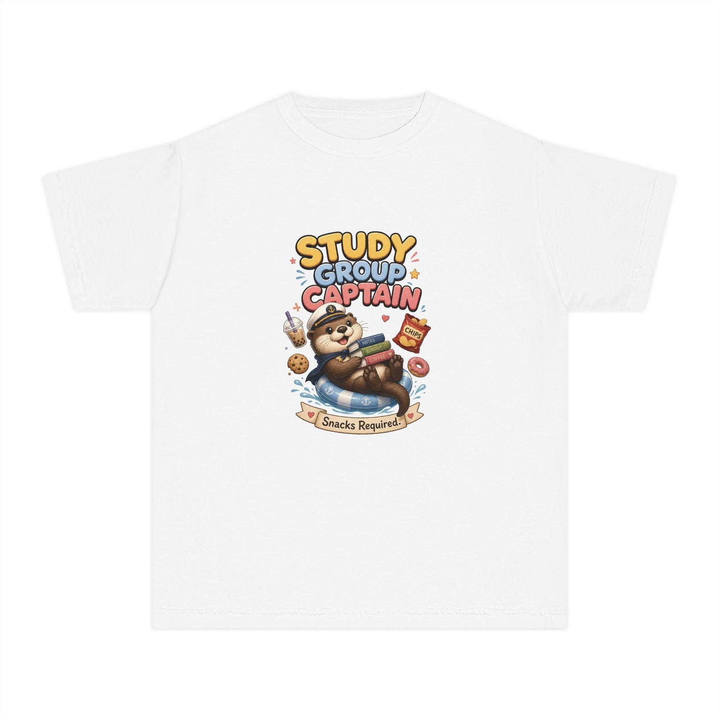 Study Group Captain Youth Tee | Sloth Studying Snacks Graphic