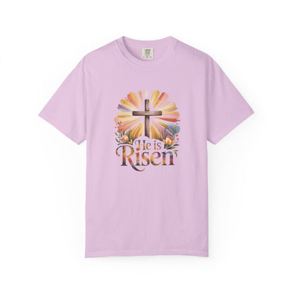 He Is Risen cross sunrise design T-Shirt | Easter faith floral