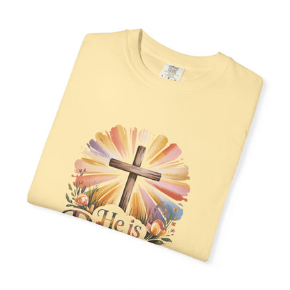 He Is Risen cross sunrise design T-Shirt | Easter faith floral